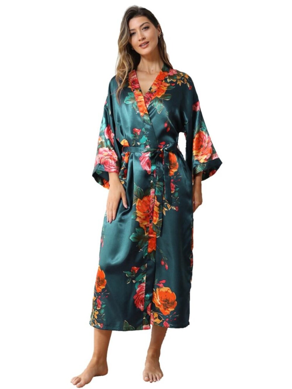 Women's Satin Kimono Robe Floral Long Silky Robes Bridal Kimonos Bridesmaid